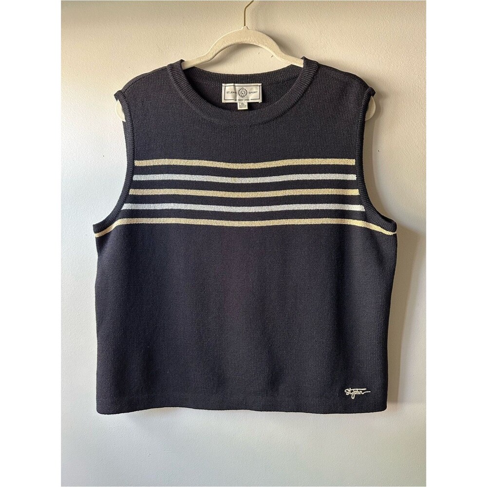 St. John Sport Knit Tank Top Navy Stripe Sleeveless Size XL Preppy Old Money